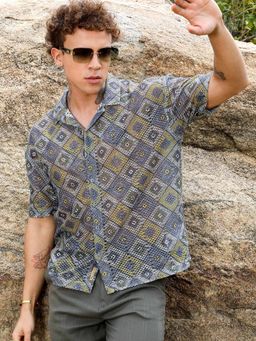 Campus Sutra - Mens Lapis Multi-Color Ochre Geometric Block Oversized Shirt