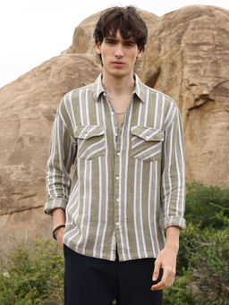Campus Sutra - Mens Peanut Multi-Color Utility Halo-Stripe Oversized Shirt