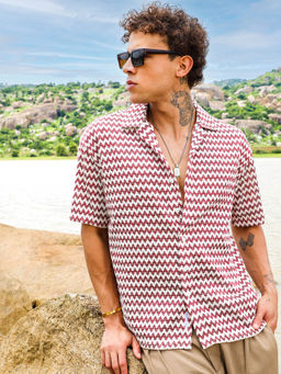 Campus Sutra - Mens Terracotta White Chevron-Striped Oversized Shirt