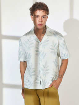 Campus Sutra - Mens White Faded Foliage Oversized Shirt