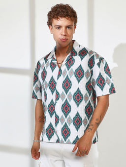 Campus Sutra - Mens Chalk White Ikkat Motif Oversized Shirt