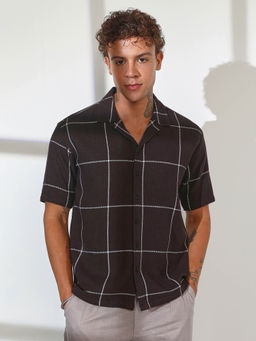Campus Sutra - Mens Taupe Brown Graph Check Oversized Shirt