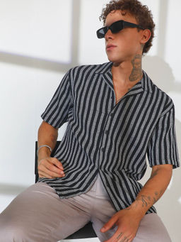 Campus Sutra - Mens Midnight Multi-Color Candy Striped Knit Oversized Shirt