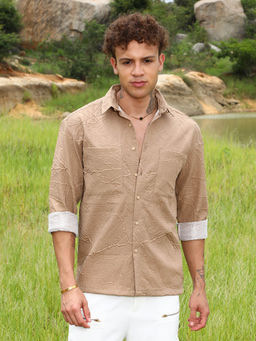 Campus Sutra - Mens Buff Beige Foliage-Tactile Shacket