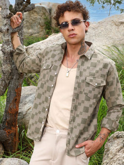 Campus Sutra - Mens Sage Green Cubic Utility Shirt