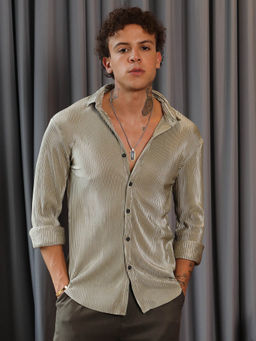 Campus Sutra - Mens Sage Green Pleat-Creased Shirt