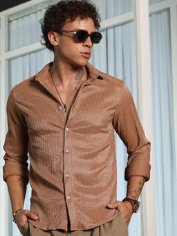 Campus Sutra - Mens Camel Brown Textured Creased Shirt