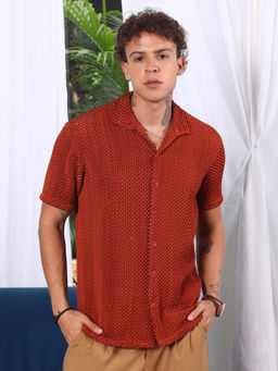 Campus Sutra - Mens Terracotta Red Puffy-Textured Shirt