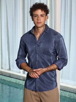 Campus Sutra - Mens Navy Blue Textured-Pleat Shirt