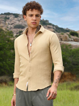 Campus Sutra - Mens Tan Brown Micro Cubic-Textured Shirt