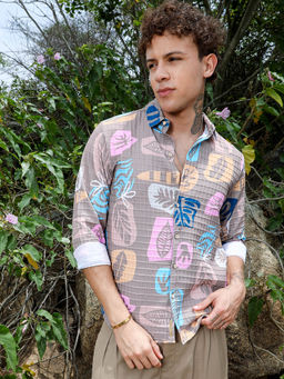 Campus Sutra - Mens Camel Grey Foliage Imprint Shirt