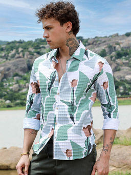 Campus Sutra - Mens Pistachio Multi-Color Printed Tulip Shirt