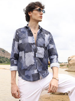 Campus Sutra - Mens Navy Blue Printed Block Shirt