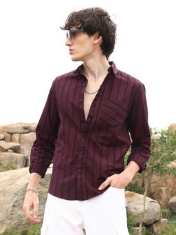 Campus Sutra - Mens Wine Red Pastel Striped Shirt