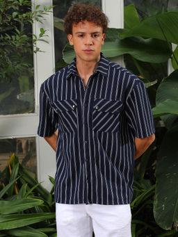 Campus Sutra - Mens Navy Blue Utility Halo-Stripe Oversized Shirt