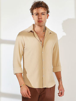 Campus Sutra - Mens Butter Cream Stripe-Creased Shirt
