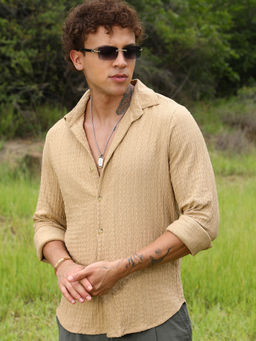 Campus Sutra - Mens Buff Beige Micro Hexagon-Lined Shirt