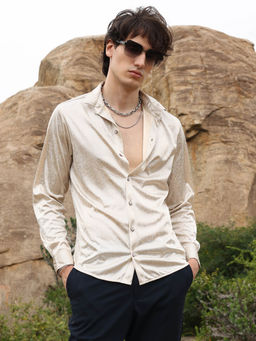 Campus Sutra - Mens Metallic Beige Sheen Chevron Shirt