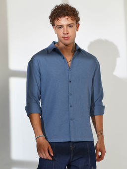 Campus Sutra - Mens Lapis Blue Waffle-Knit Shirt