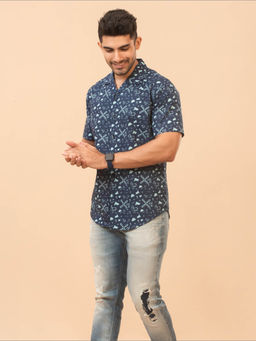 The Bleu Label - Mens Casual Printed Cotton Half Sleeves Collar Neck Shirt
