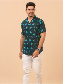 The Bleu Label - Mens Casual Printed Cotton Half Sleeves Collar Neck Shirt