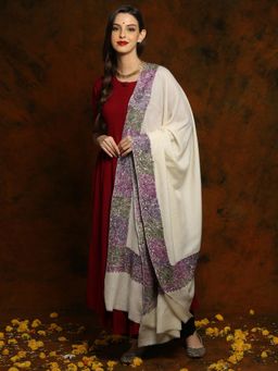 EXOTIC INDIA - Floral Fine Embroidery Borders Off White Fine Wool Shawl