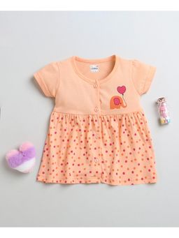 Bumzee - Peach Girls Half Sleeves Cotton Knee Length Frock