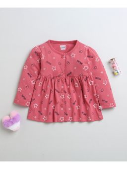 Bumzee - Red Girls Full Sleeves Cotton Knee Length Frock