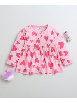 Bumzee - Pink Girls Full Sleeves Cotton Knee Length Frock