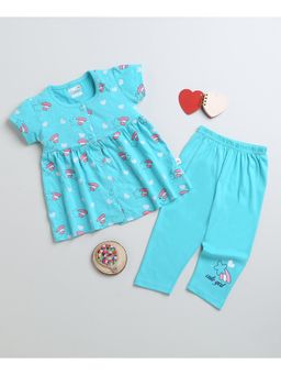 Bumzee - Blue Girls Half Sleeves Cotton Frock & Leggings (Set of 2)