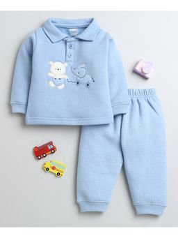Bumzee - Blue Boys Full Sleeves Fleece Winter Wear T-Shirt and Joggers (Set of 2)