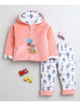 Bumzee - Peach Boys Full Sleeves Polyfill Winter Wear Hoodie with Pant (Set of 2)
