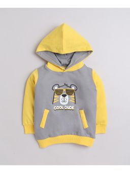Bumzee - Grey & Yellow Boys Full Sleeves Cotton Hooded Sweatshirt