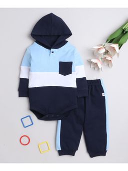 Bumzee - Navy Blue Boys Full Sleeves Cotton Hooded Bodysuit & Joggers (Set of 2)