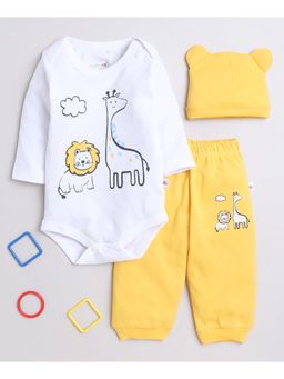 Bumzee - White Boys Full Sleeves Cotton Bodysuit & Joggers with Cap (Set of 3)