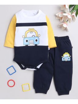Bumzee - Navy Blue Boys Full Sleeves Cotton Bodysuit & Joggers with Cap (Set of 3)