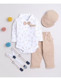 Bumzee - Beige Boys Full Sleeves Cotton Bodysuit, Pant with Suspender & Cap (Set of 4)