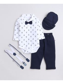 Bumzee - White Boys Full Sleeves Cotton Bodysuit, Pant with Suspender & Cap (Set of 4)