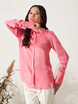 RSVP by Nykaa Fashion - Baby Pink Solid Full Sleeves Satin Shirt