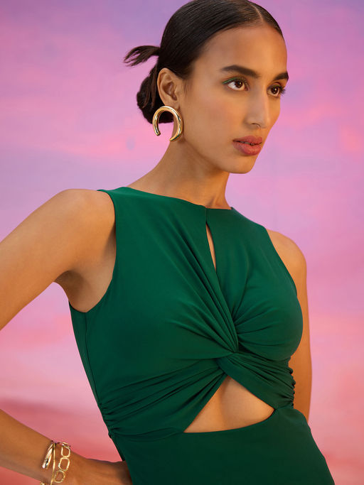 Buy RSVP by Nykaa Fashion Bottle Green Round Neck Solid Fitted Midi Dress  Online