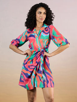 RSVP by Nykaa Fashion - Multicolor Printed Puff Sleeves Satin Shirt Dress