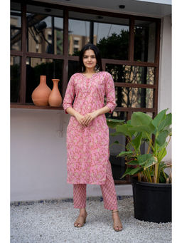 WEAVLLITE - Pink Pure Cotton Block Printed Kurta (Set of 2)