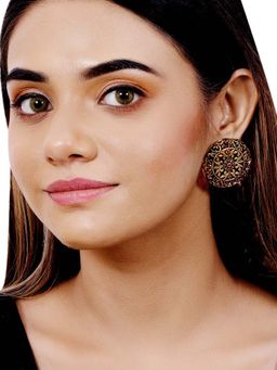 Voylla - Arabian Nights Antique Golden Round Brass Stud Earrings with Red Stone