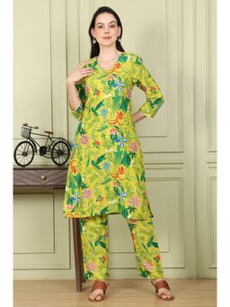 W - Green Floral Printed Pure Cotton Straight Kurta and Pant (Set of 2)