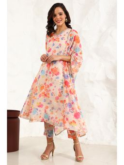 W - Cream Floral Printed Sequined Kota Flared Kurta with Pants and Dupatta (Set of 3)