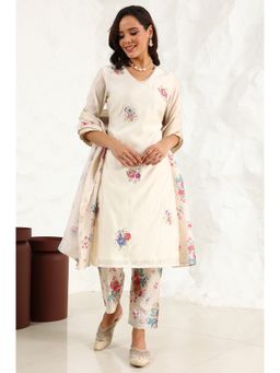 W - Floral Embroidered Chanderi Straight Kurta with Pant and Dupatta (Set of 3)