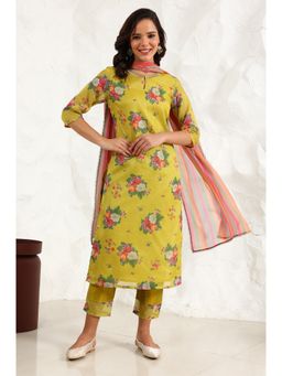 W - Yellow Floral Printed Sequined Kota Straight Kurta with Pant and Dupatta (Set of 3)