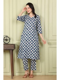 W - Blue Floral Printed Cotton Blend Straight Kurta with Pant (Set of 2)