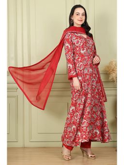 W - Red Floral Printed Flared Anarkali Kurta with Pants and Dupatta (Set of 3)
