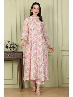 W - Pink Floral Printed A-Line Kurta with Pant and Dupatta (Set of 3)